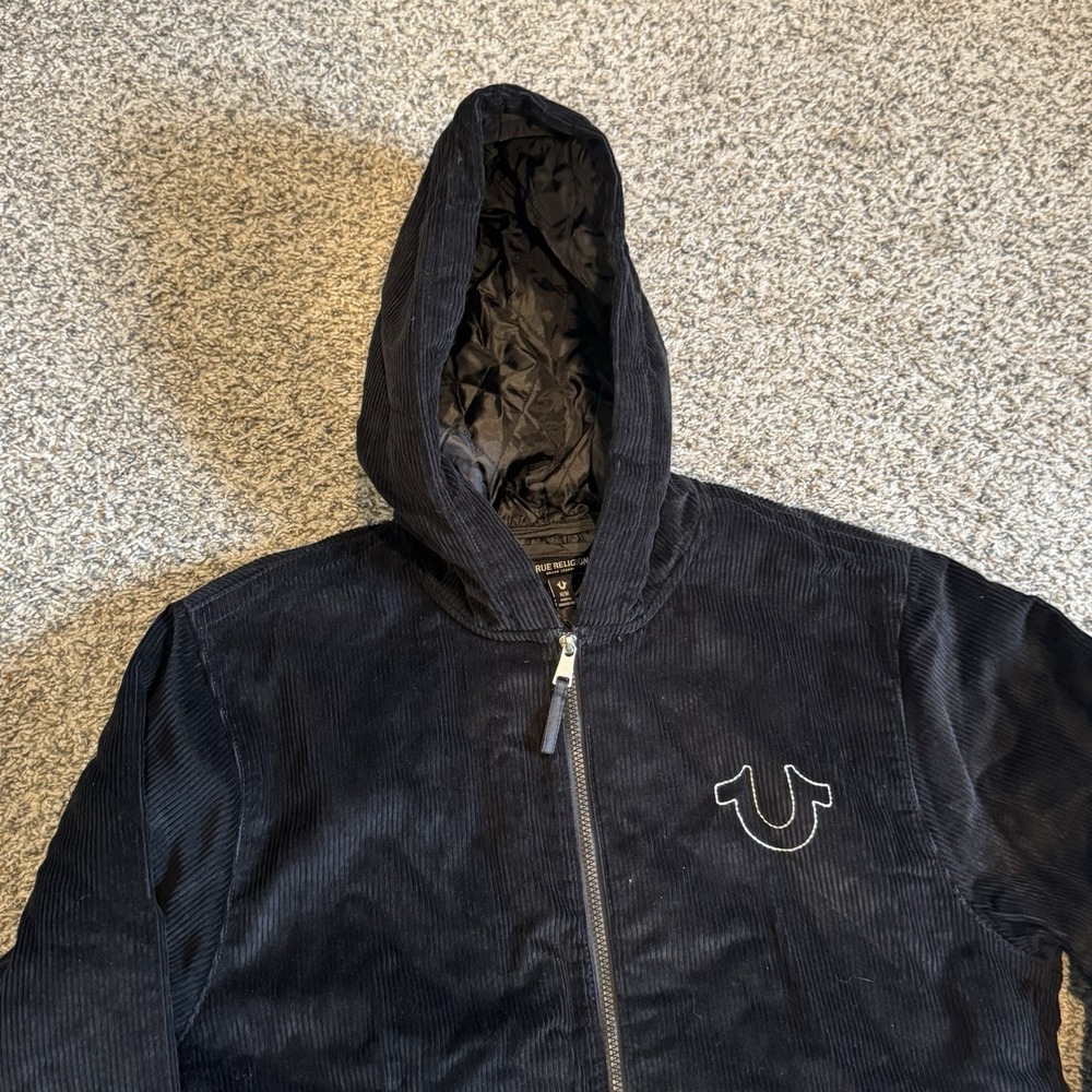 True Religion Hooded Vintage Corduroy Jet Black Jacket Zip Mens Size Medium NWT - Picture 2 of 6